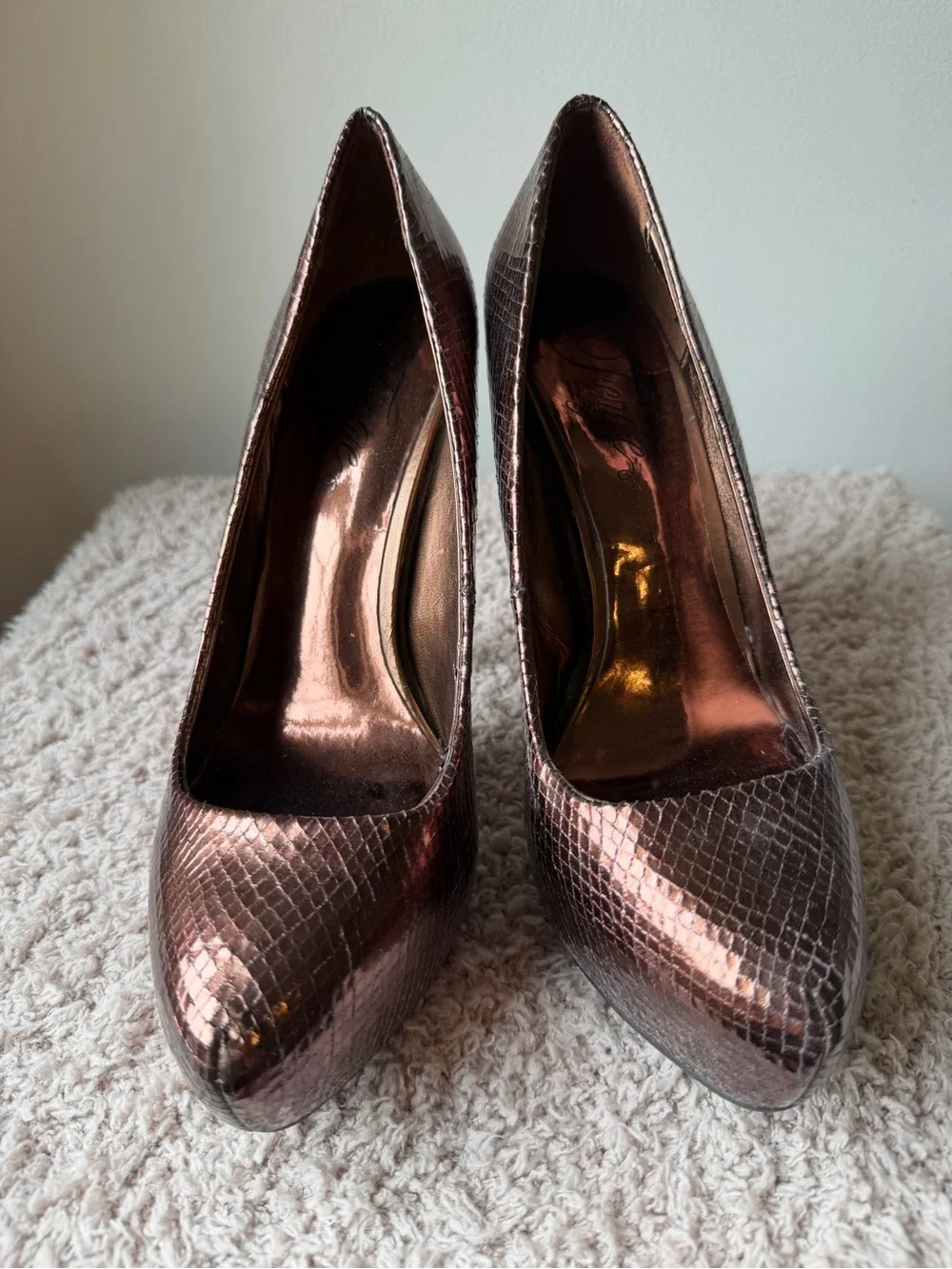 Fergie Metallic Copper-Brown Platform Pumps